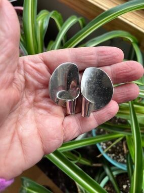 Vtg MARVELLA Silver Tone Metal Clip On Earrings Modernist Curved MCM **READ**